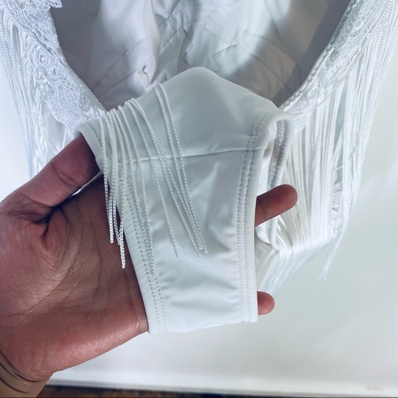 White Halter Top Deep V Fringe One Piece Bathing Suit By ASOS Swim - Picture 2 of 10